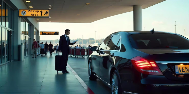Business traveler arriving at London City Airport pickup area