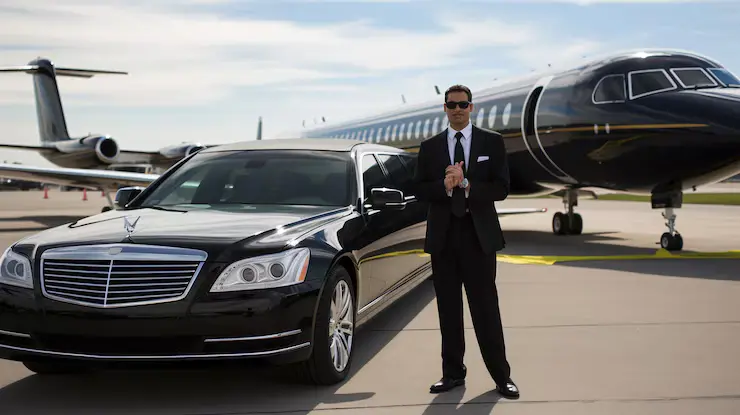 Chauffeur with luxury taxi at Luton Airport beside private jet