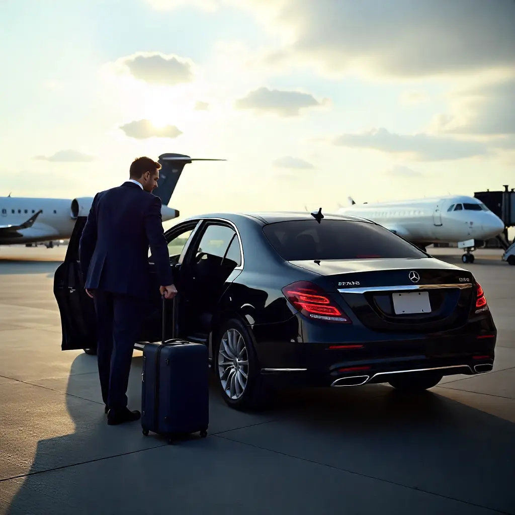 professional driver welcome passenger at London city Airport